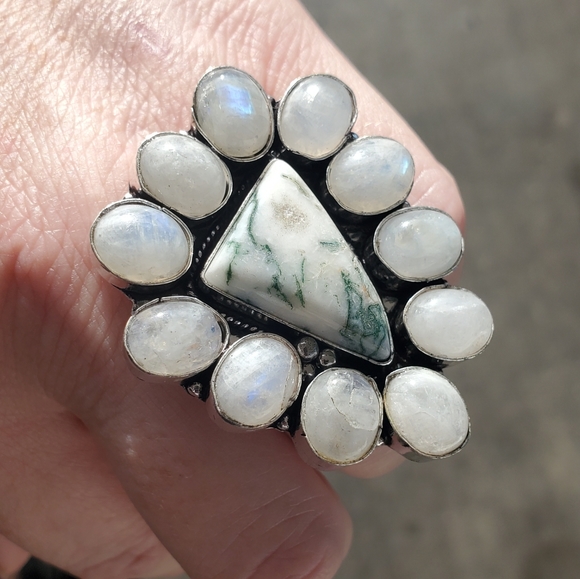 New Huge Tree Agate & Rainbow Moonstone 925 Silver Statement Ring. - Picture 6 of 13